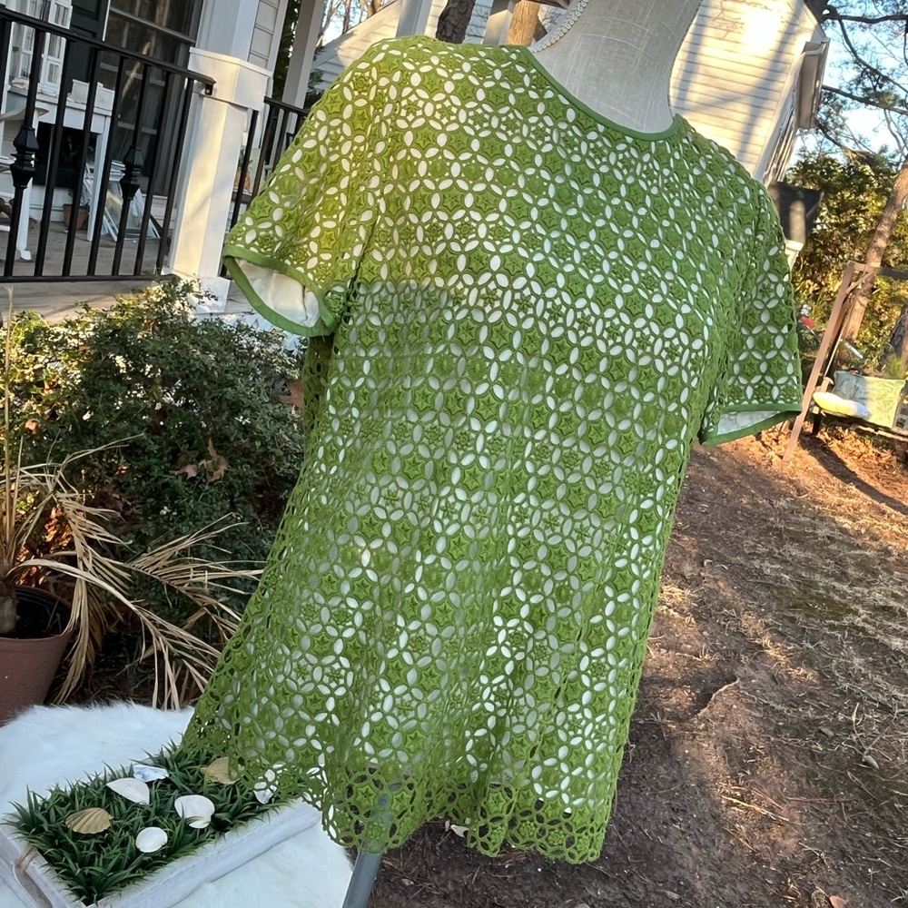 Tory Burch Linda Top, Kermit Green, Lace Overlay, Short Sleeve, Large, EUC
